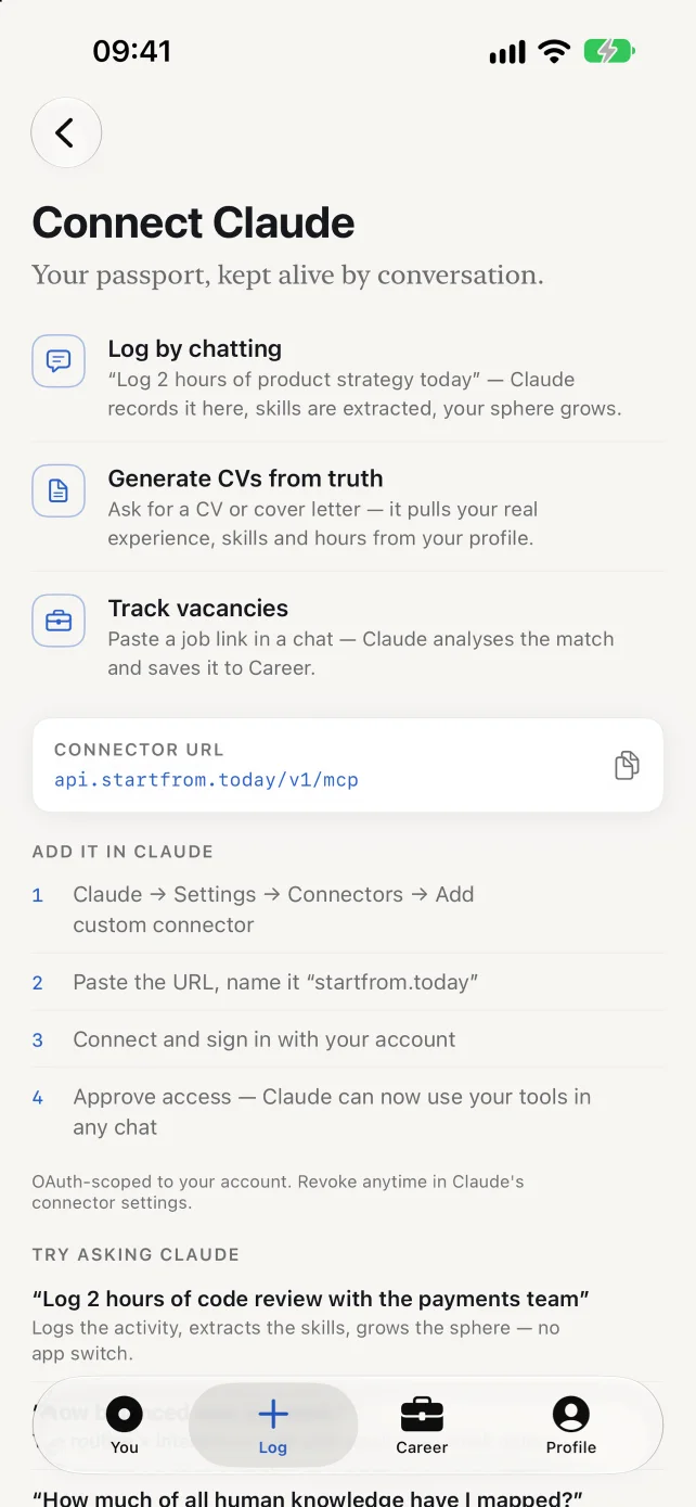 Connect Claude: the MCP connector URL and what to ask once connected